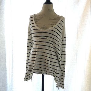Free People Striped Fringe Hem Baggy Oversized Pullover